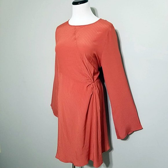 New NSR Twist Knot Flared Long Sleeve Dress  L/Large Womens Burnt Orange Mini - Picture 4 of 11